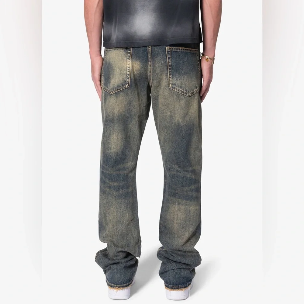 mnml Metal Eyelet Grommet Yellow Washed Distressed Denim Flare Jeans